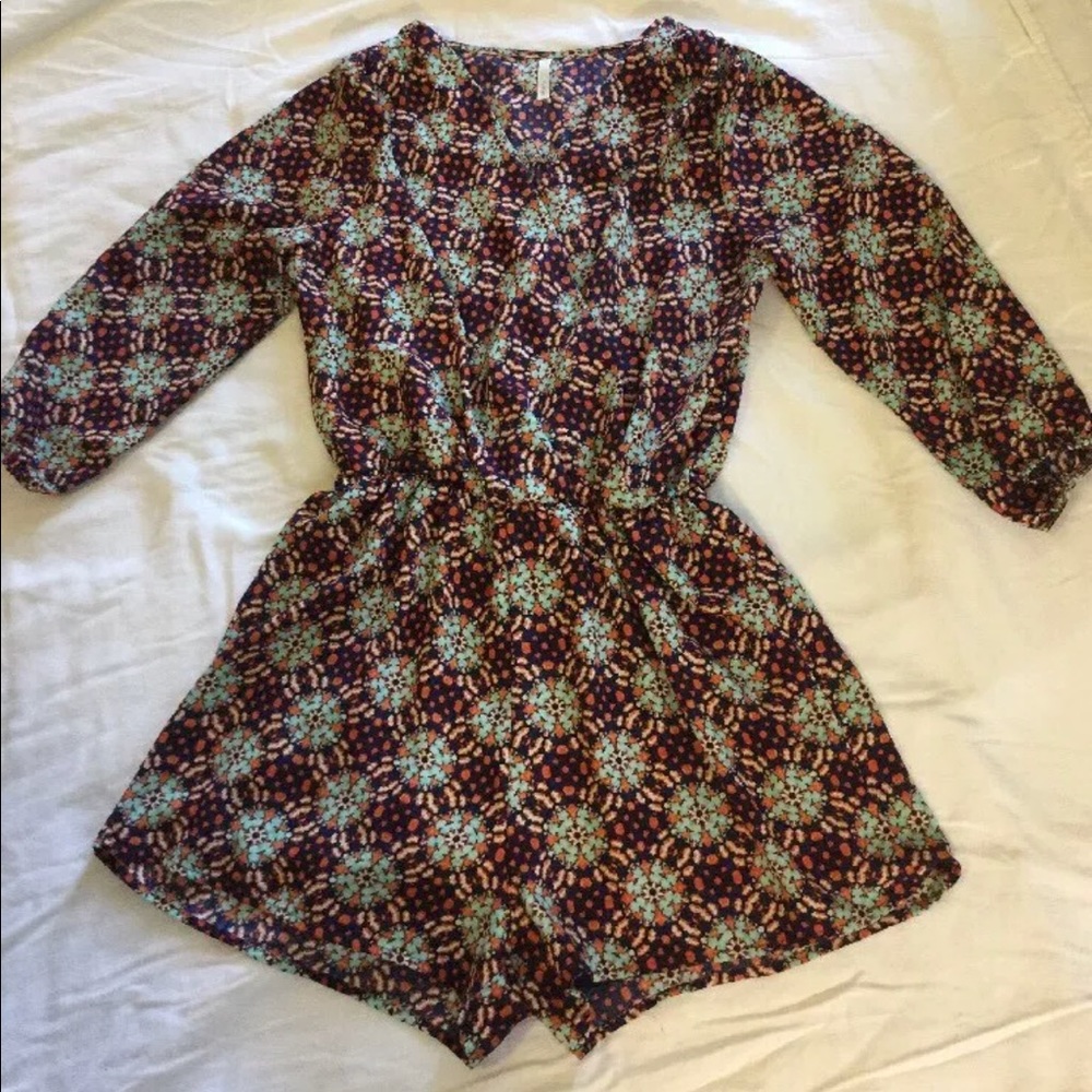Sage shorts romper brown blue medallion print